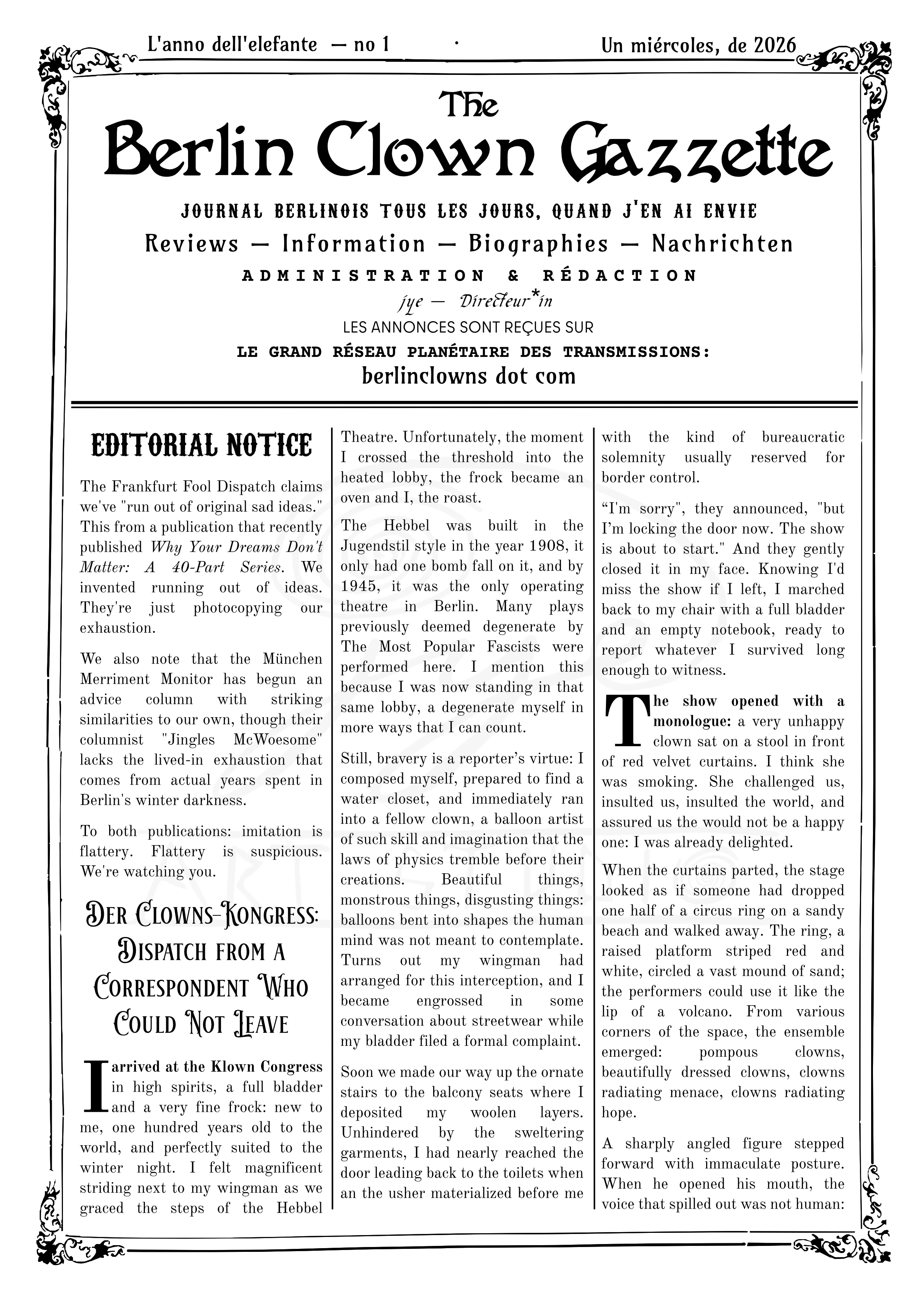 The Berlin Clown Gazzette Issue 1 — Page 1